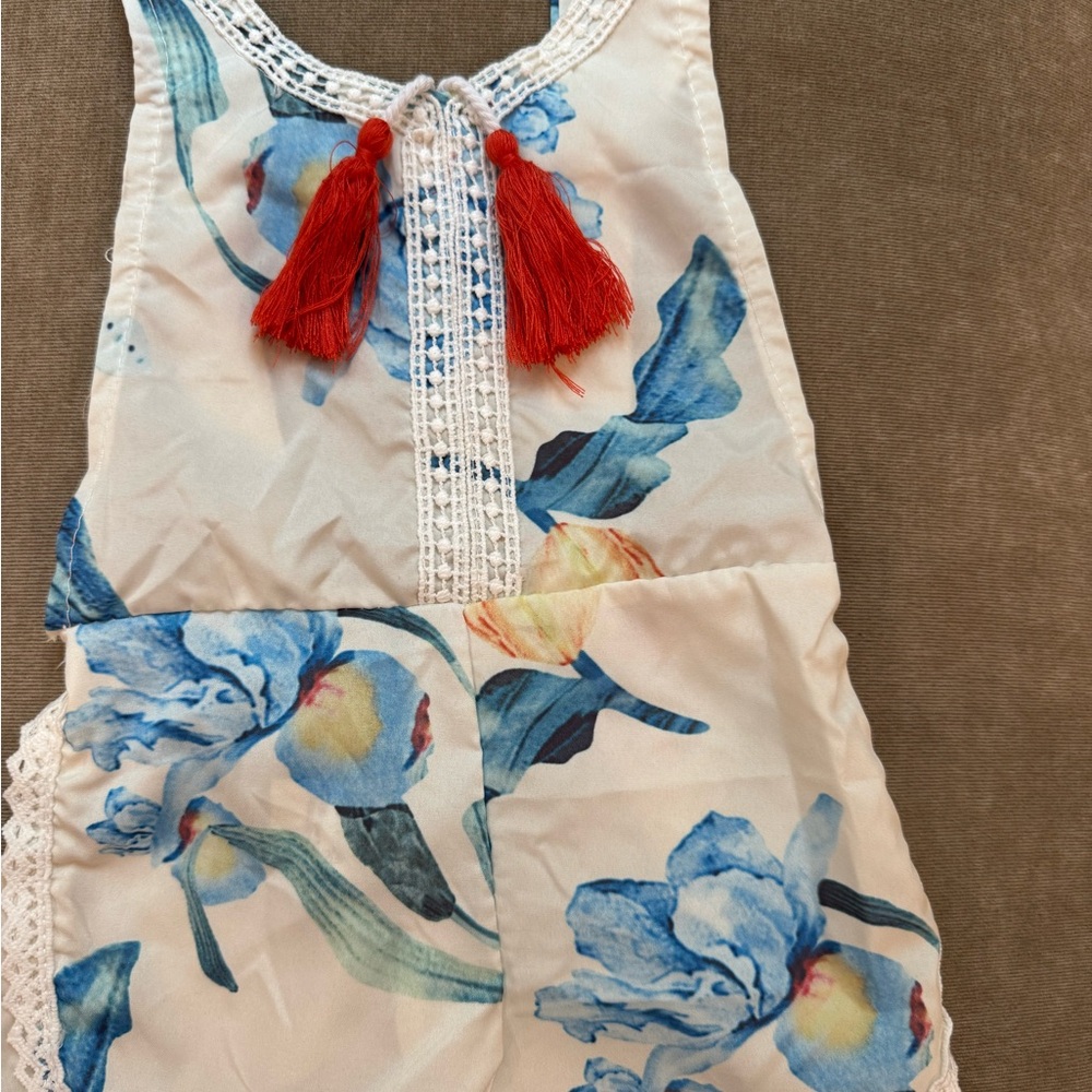 Blue Floral Kids Bodysuit with Red Tassels